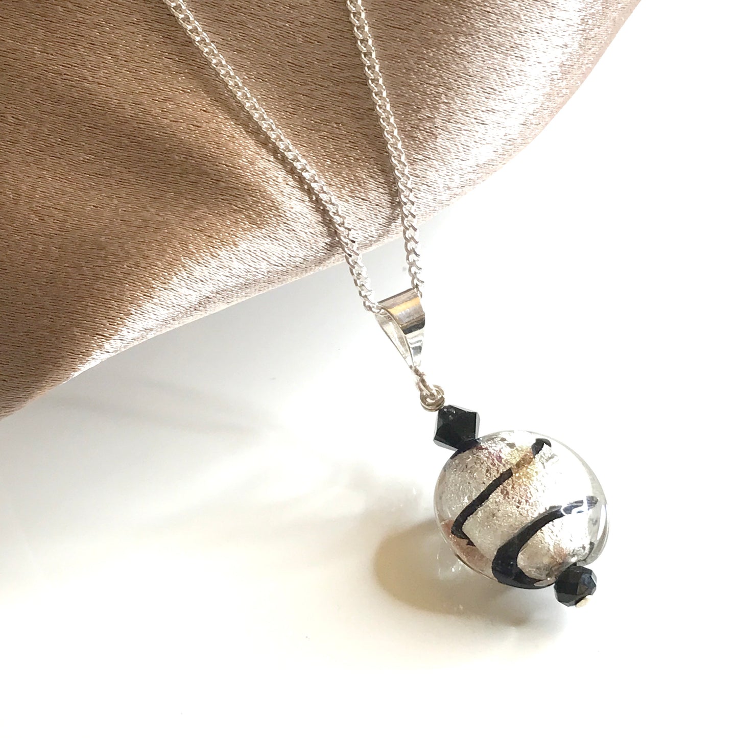 Round Black and White Real Murano Gold Bead Necklace Pendant