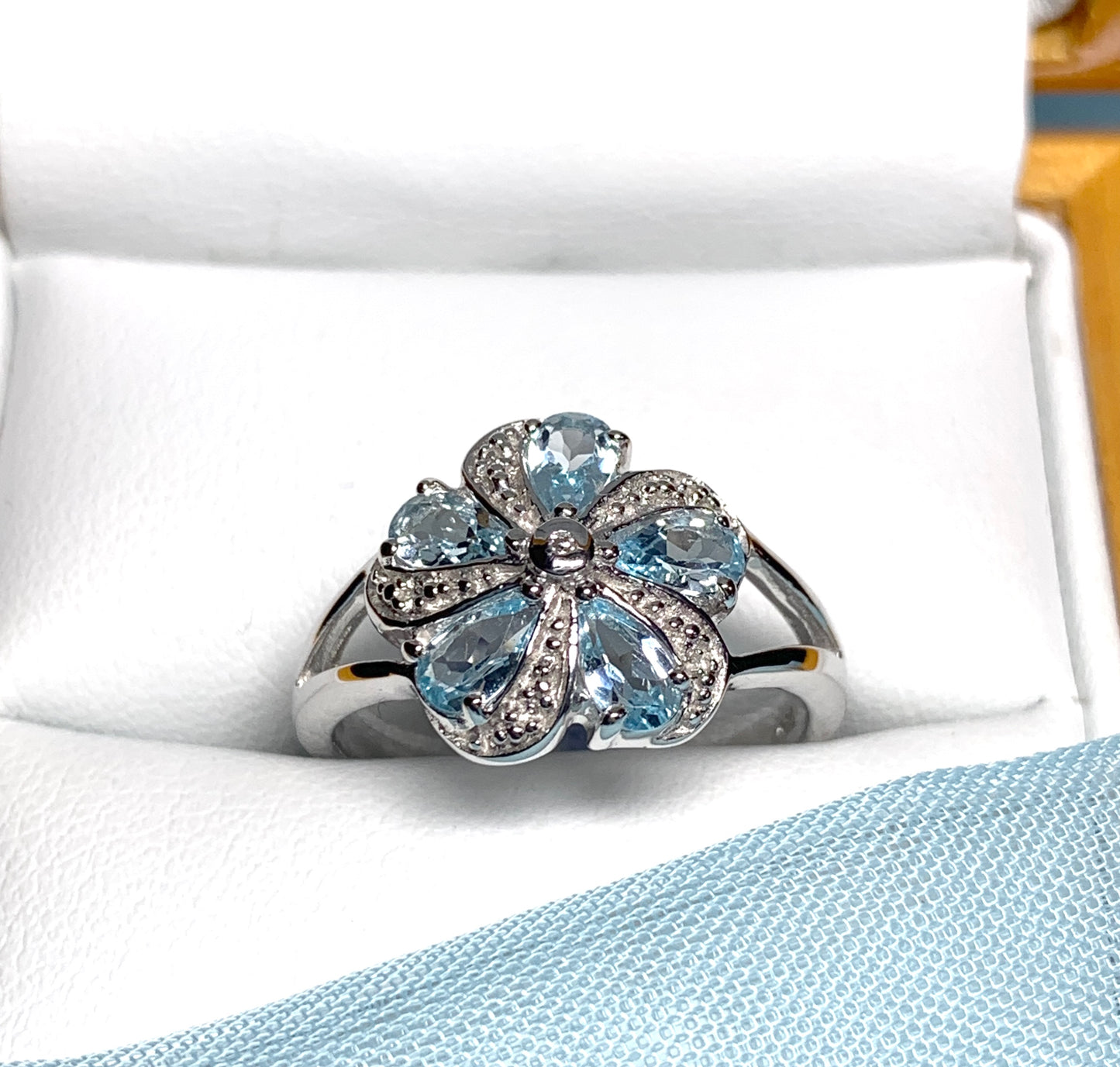 Round Blue Topaz And Diamond Sterling Silver Daisy Petal Cluster Ring