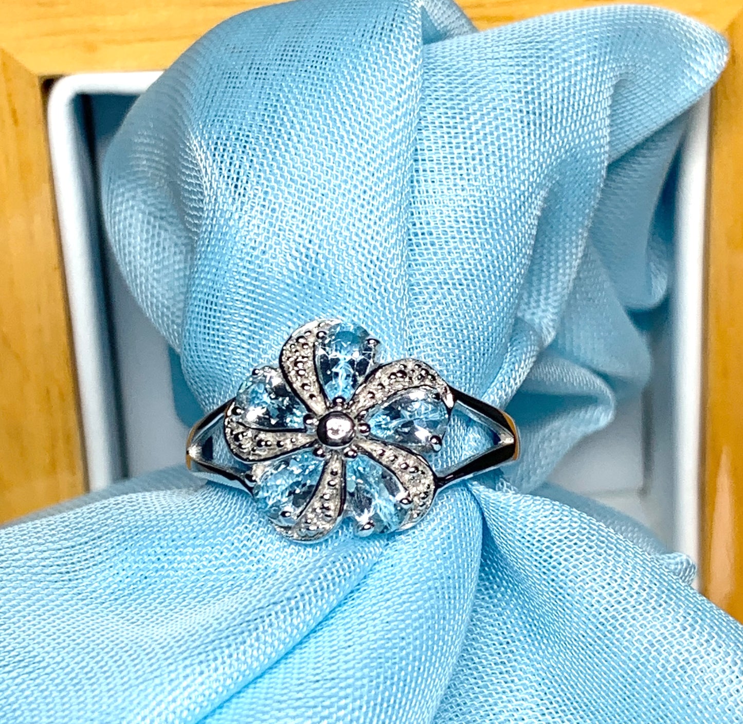 Round Blue Topaz And Diamond Sterling Silver Daisy Petal Cluster Ring