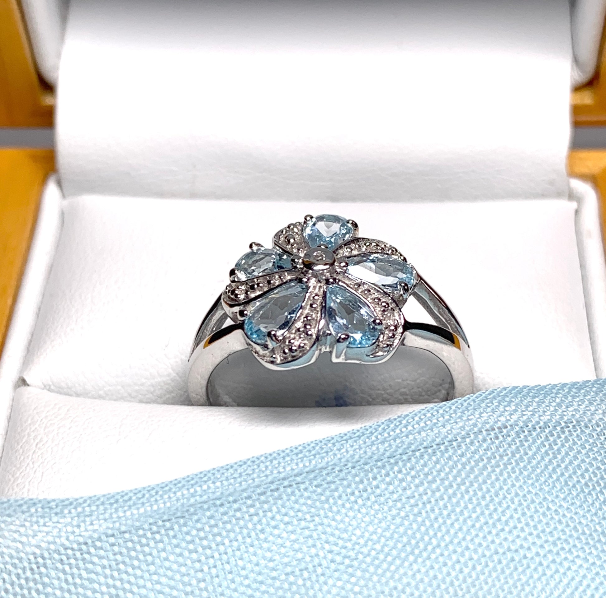 Round Blue Topaz And Diamond Sterling Silver Daisy Petal Cluster Ring