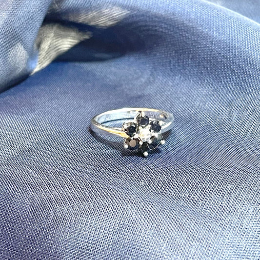 Round Cluster Sapphire And Diamond Sterling Silver Dark Blue Ring