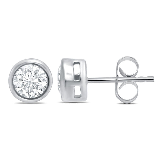 Round Diamond Stud Earrings Single Stone Smooth Rubbed Over Setting 40 Points White Gold