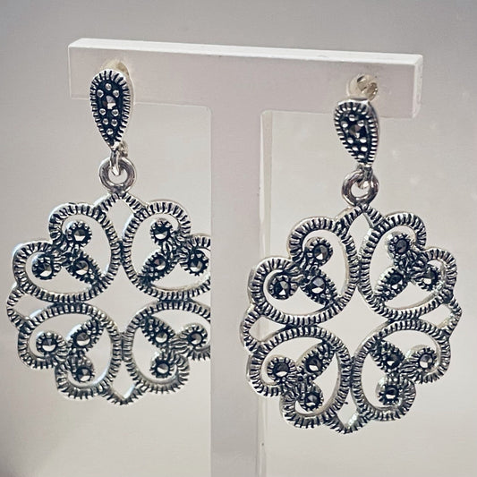 Round marcasite sterling silver round fancy drop earrings