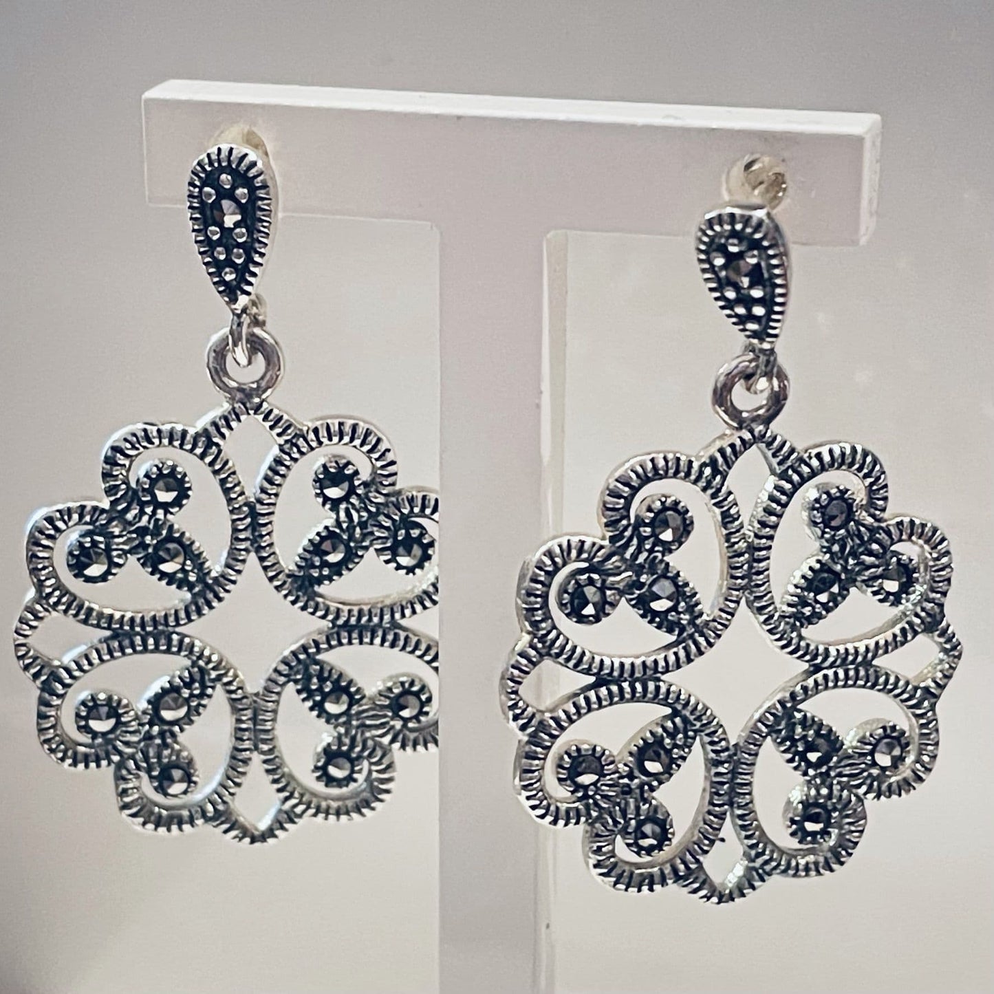 Round marcasite sterling silver round fancy drop earrings