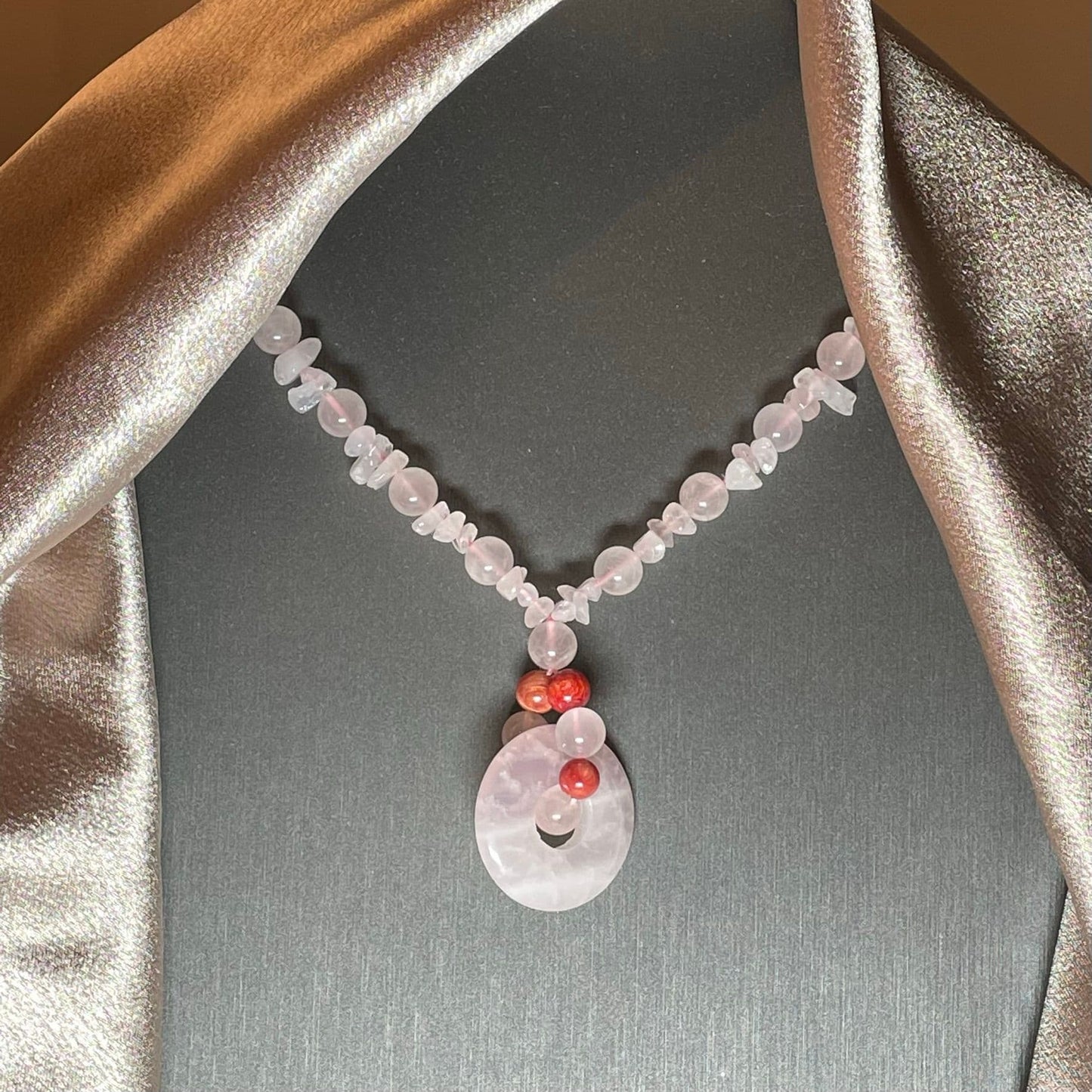 Round Pink Quartz And Red Agate Necklace