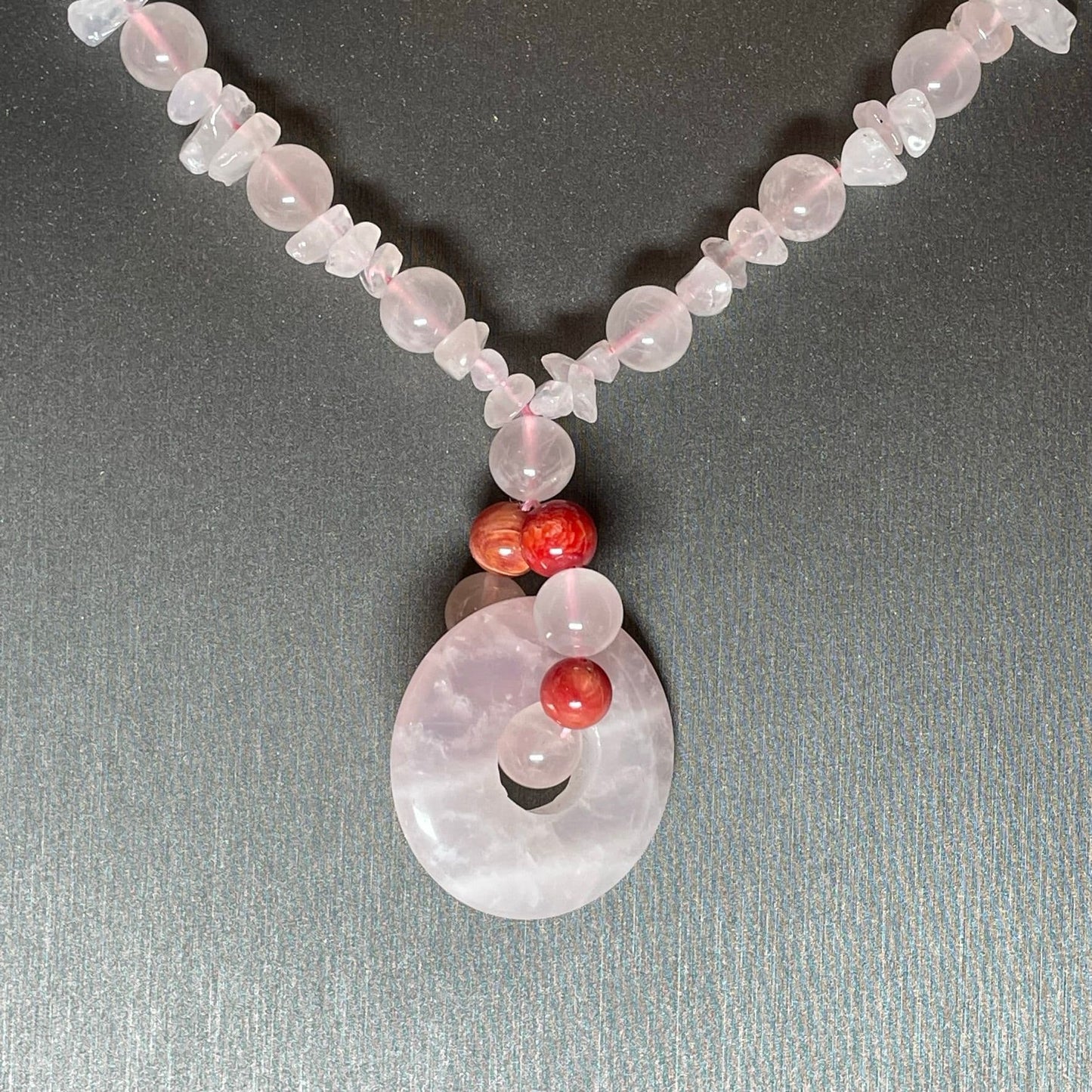 Round Pink Quartz And Red Agate Necklace