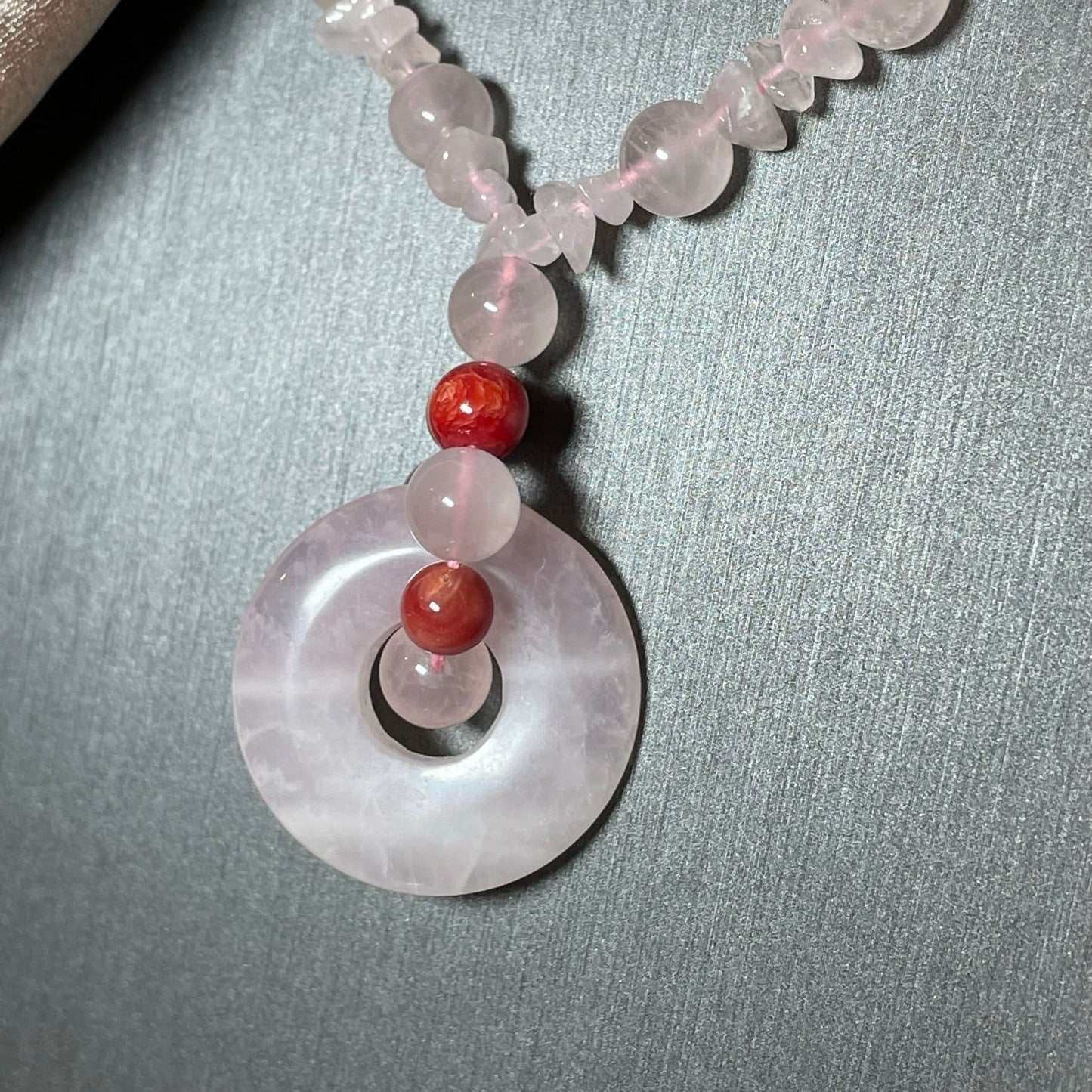 Round Pink Quartz And Red Agate Necklace