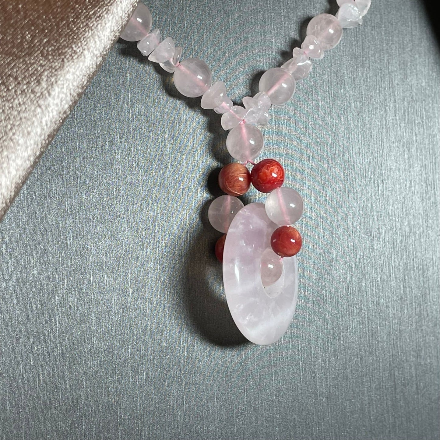 Round Pink Quartz And Red Agate Necklace