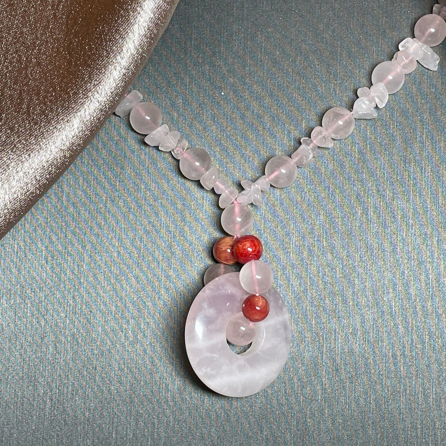 Round Pink Quartz And Red Agate Necklace