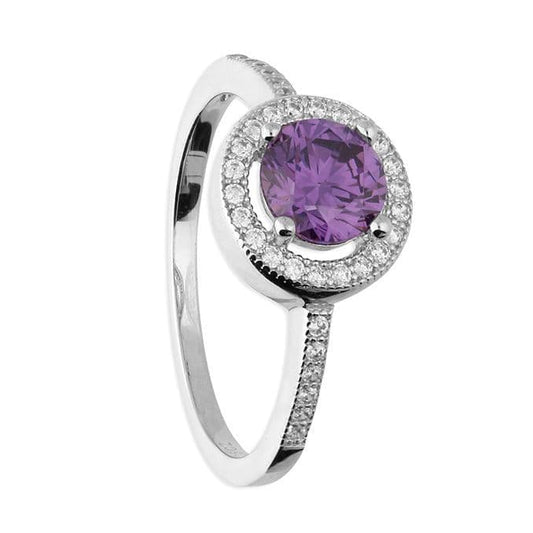 Round Purple Cubic Zirconia Halo Cluster Ring Sterling Silver