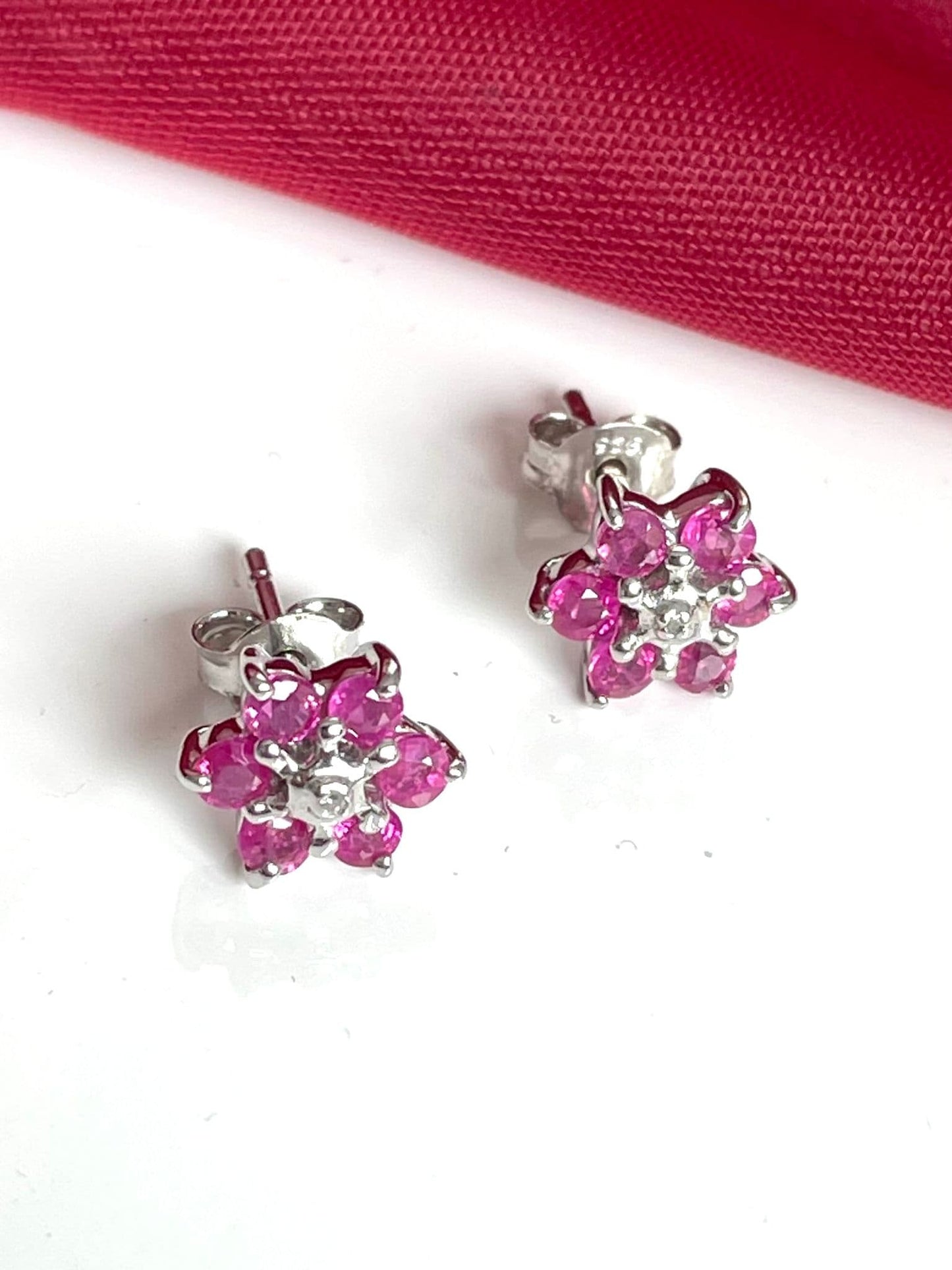 Round Ruby And Diamond Sterling Silver Red Cluster Earrings