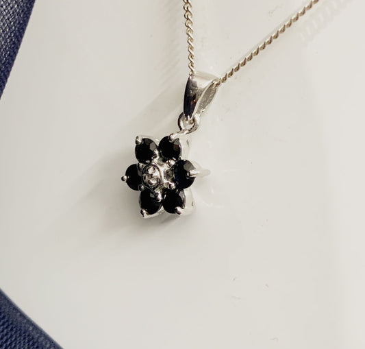 Round Sapphire And Diamond Sterling Silver Dark Blue Necklace Pendant