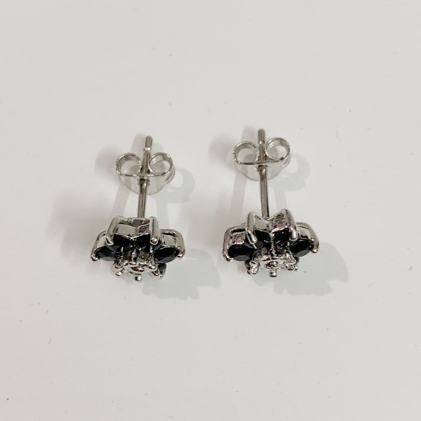 Round Sapphire And Diamond Sterling Silver Dark Blue Cluster Earrings