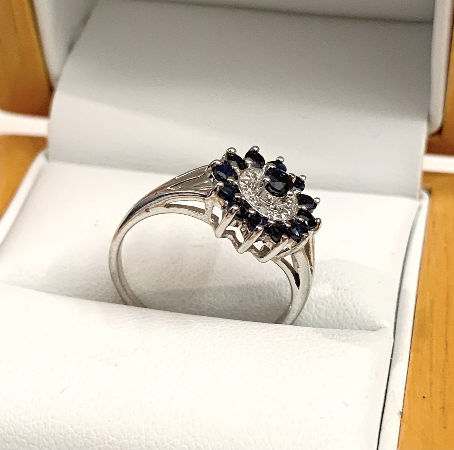 Round Sapphire And Diamond Sterling Silver Dark Blue Cluster Ring