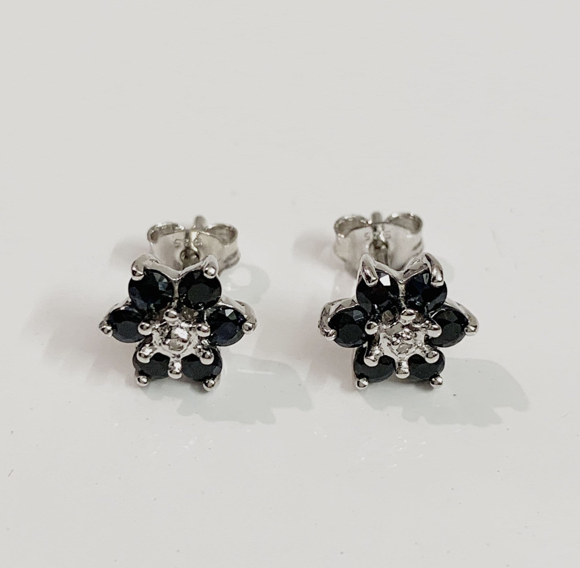 Round Sapphire And Diamond Sterling Silver Dark Blue Cluster Earrings