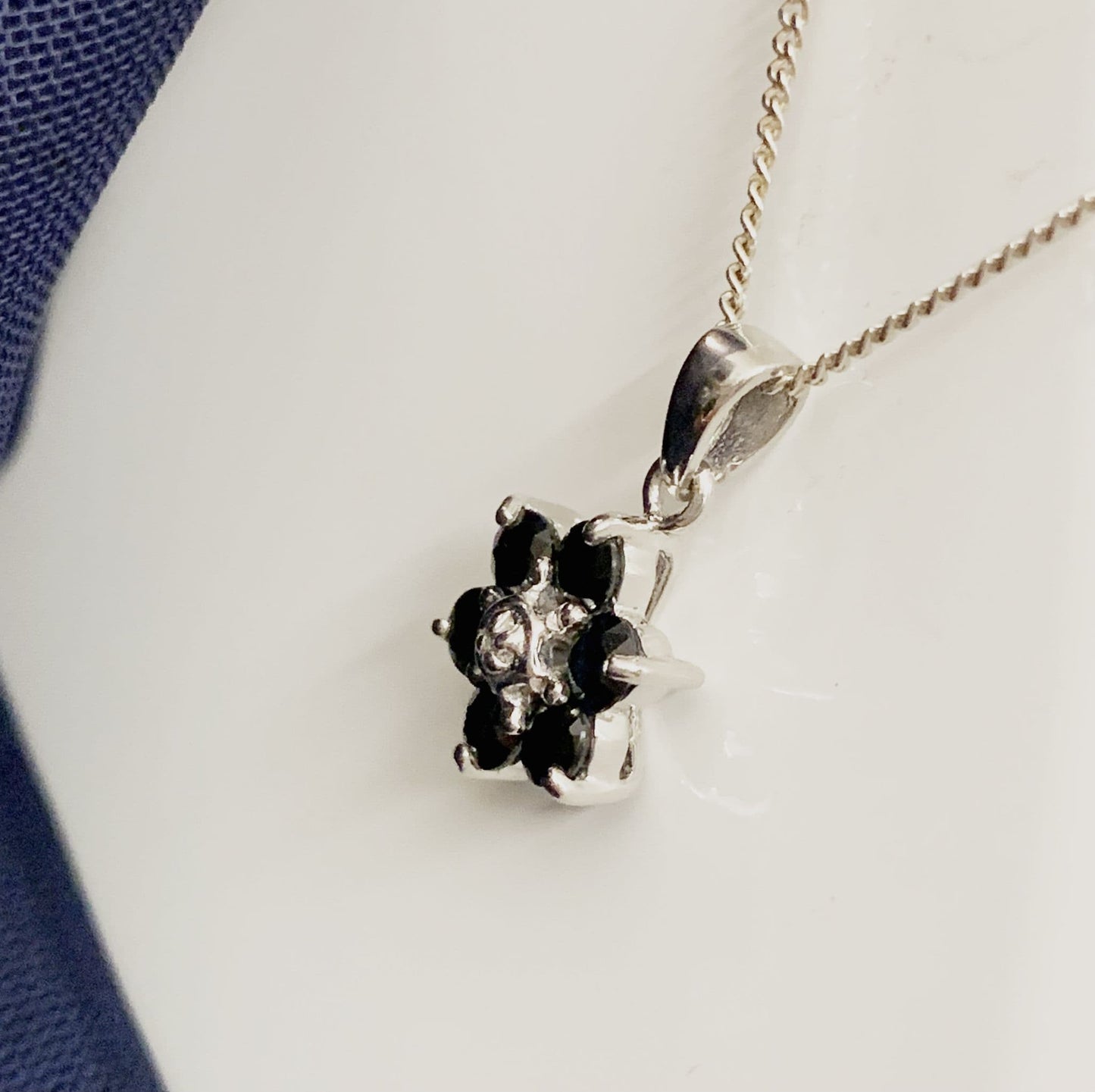 Round Sapphire And Diamond Sterling Silver Dark Blue Necklace Pendant