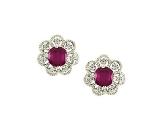 Round Shaped Ruby And Diamond White Gold Earrings