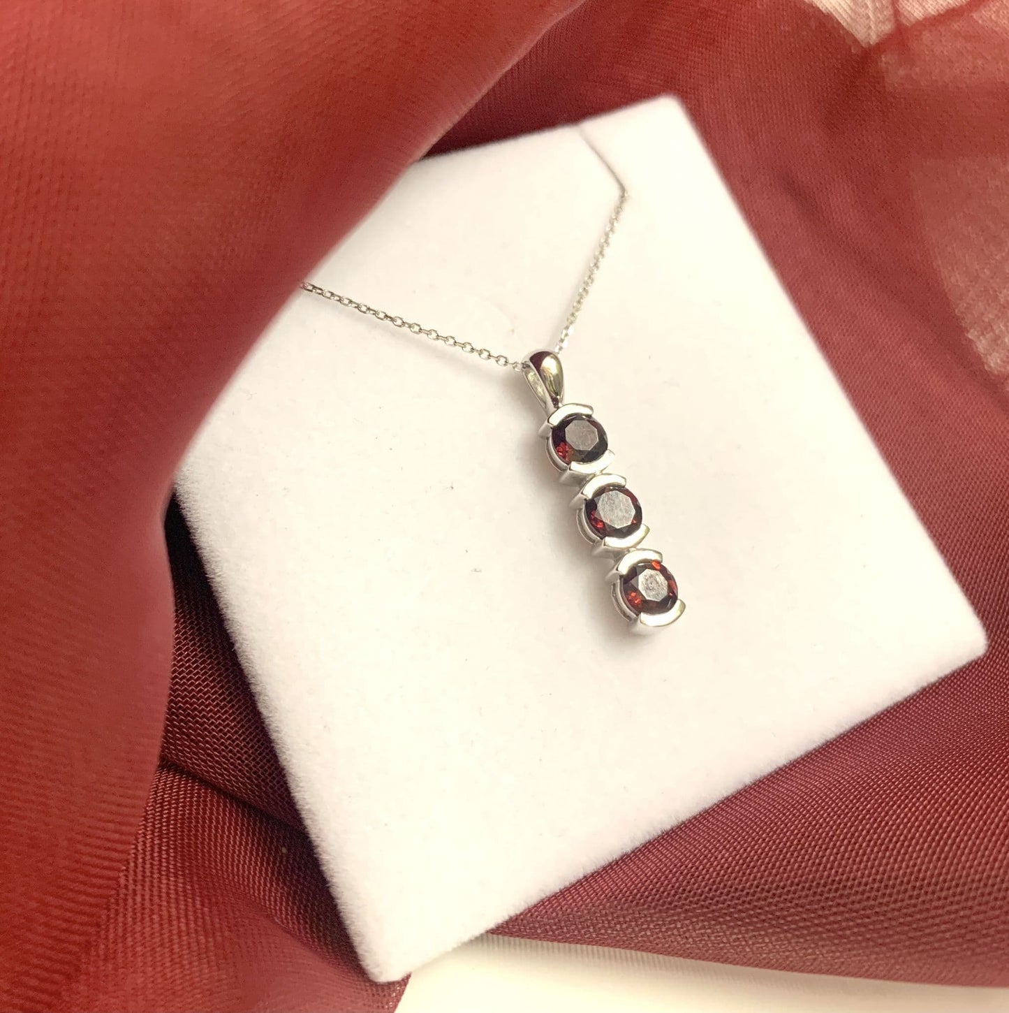 Round Triple Trilogy Red Garnet Necklace Pendant White Gold