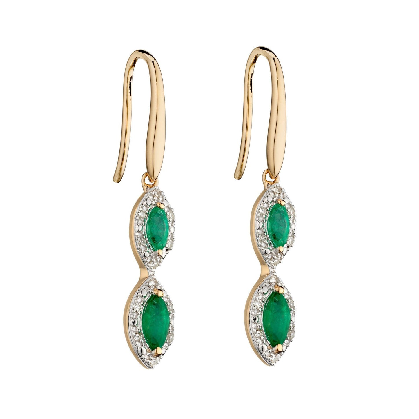 Emerald and diamond drop earrings triple trilogy cluster yellow gold