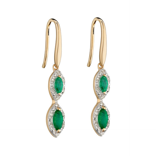 Emerald and diamond drop earrings triple trilogy cluster yellow gold