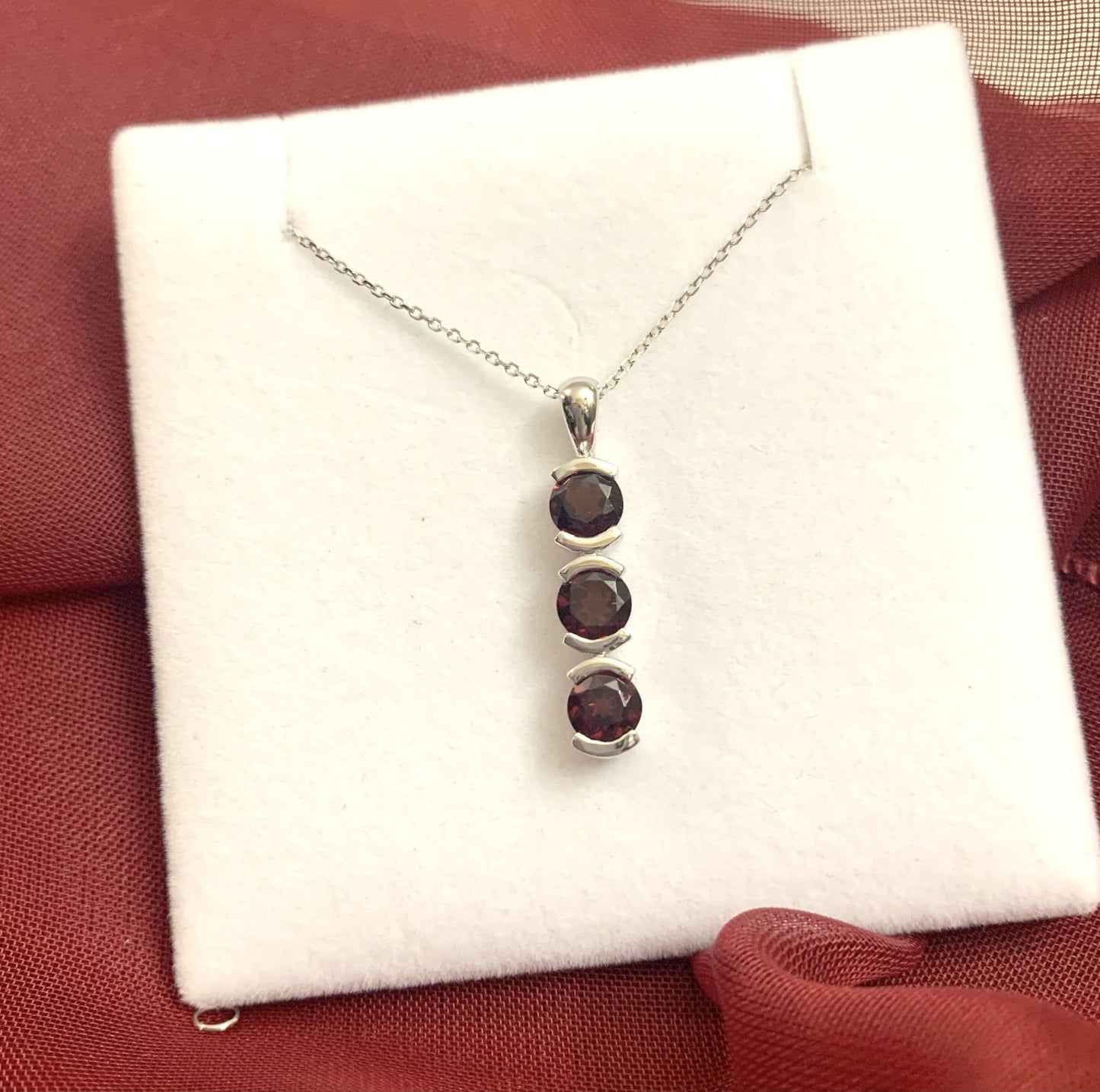 Round Triple Trilogy Red Garnet Necklace Pendant White Gold