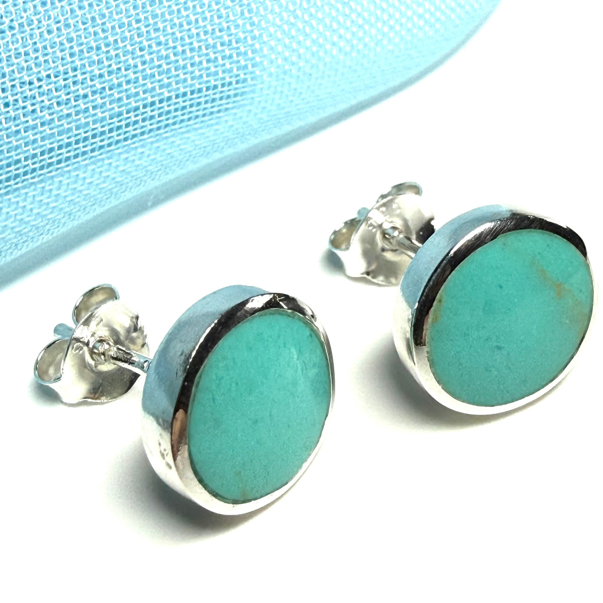 Round Blue Sterling Silver Turquoise Stud Earrings