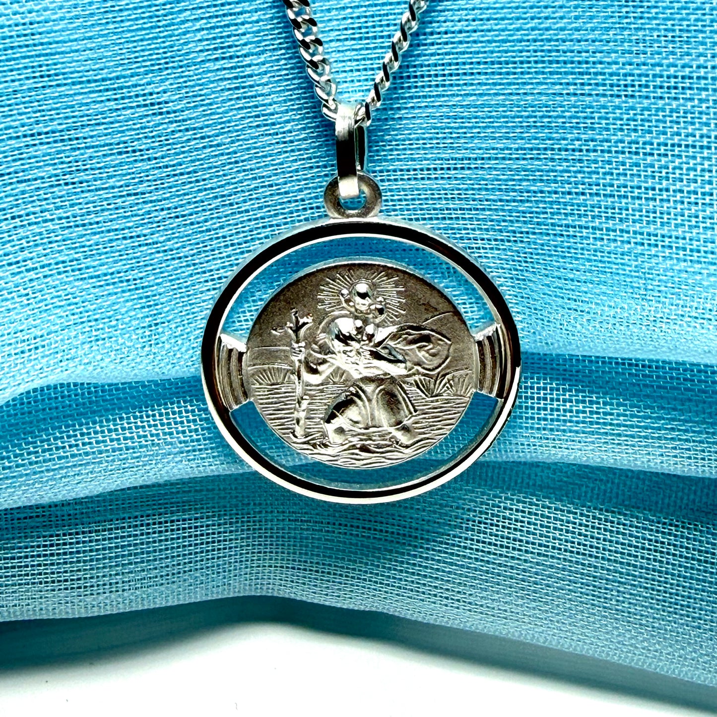 Round Pierced Solid Sterling Silver St.Christopher Necklace