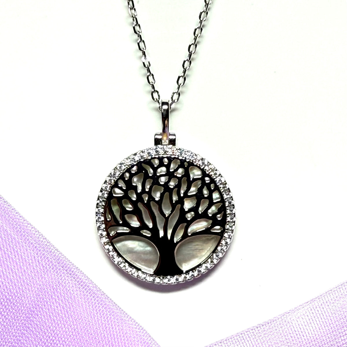 Round Tree of Life necklace real Mother Of Pearl sterling silver pendant