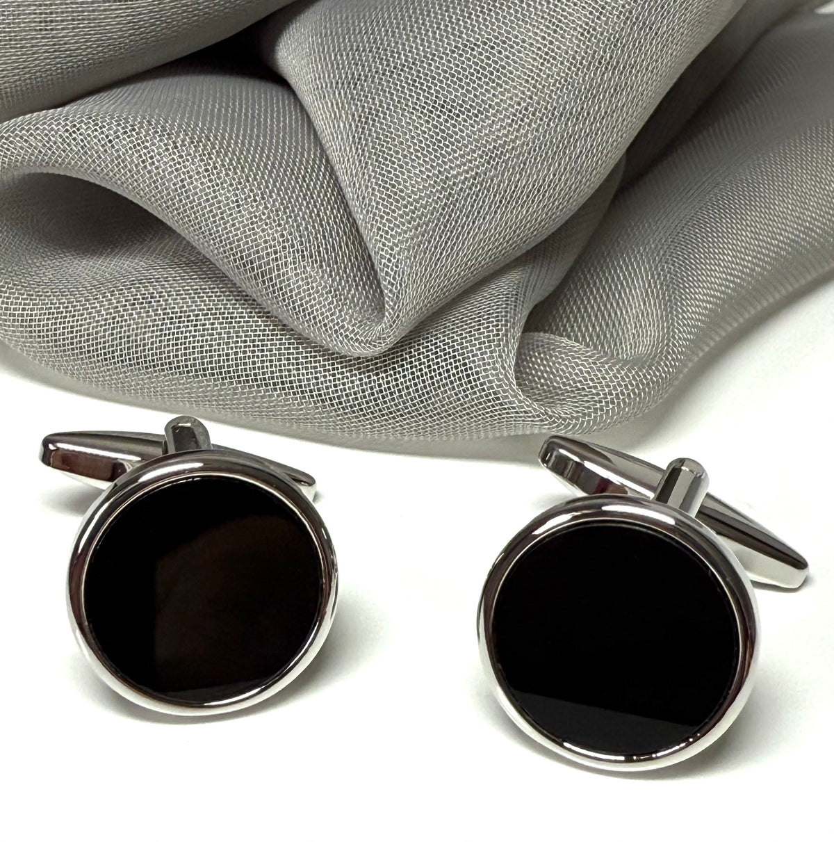 Round black real onyx cufflinks silver plated