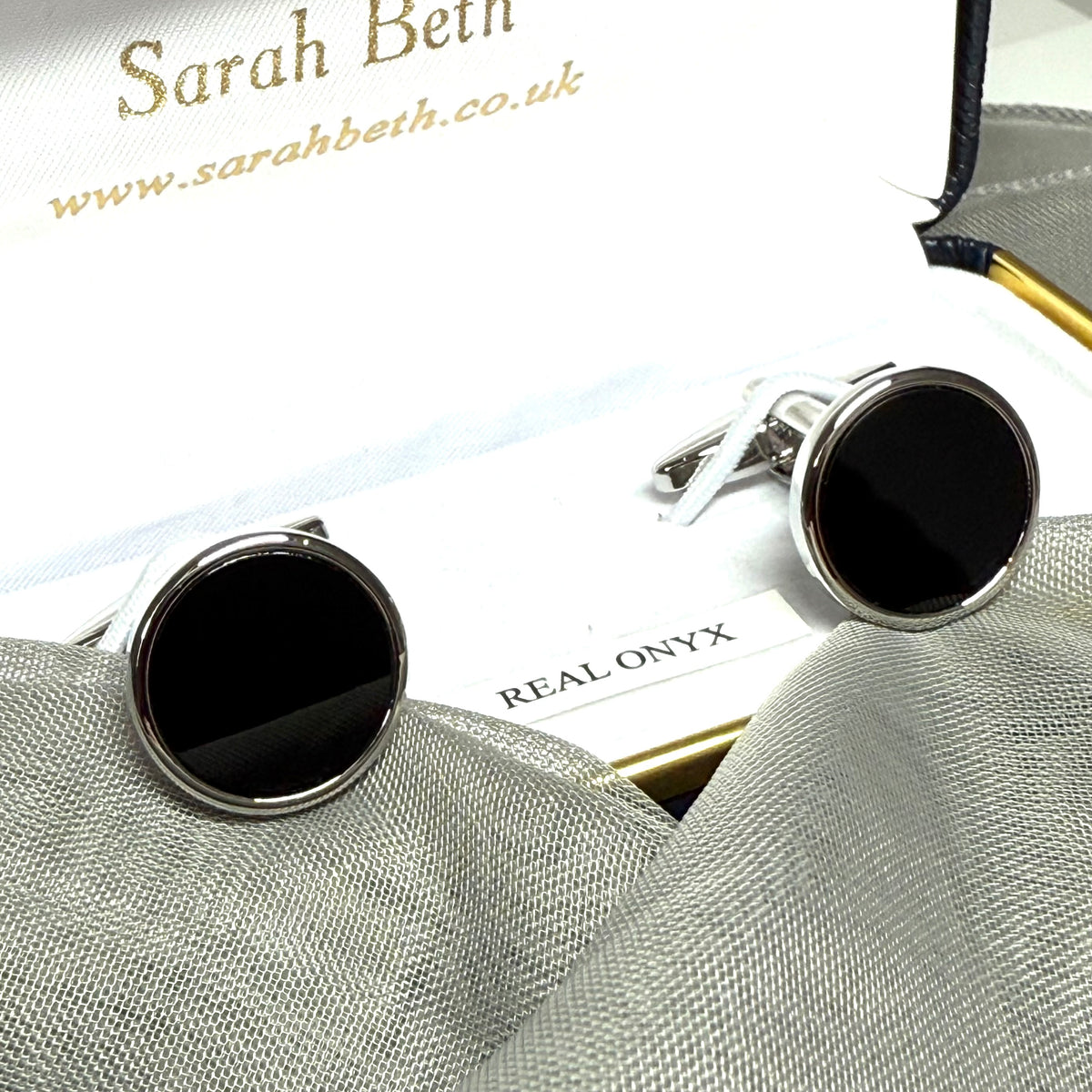 Round black real onyx cufflinks silver plated T bar fitting