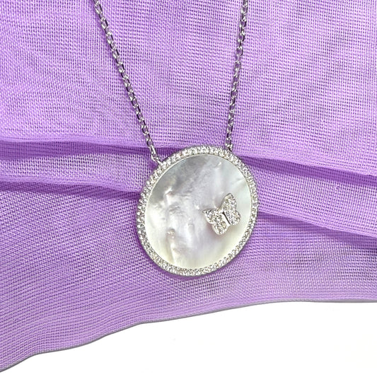 Round butterfly necklace real Mother Of Pearl sterling silver pendant with chain