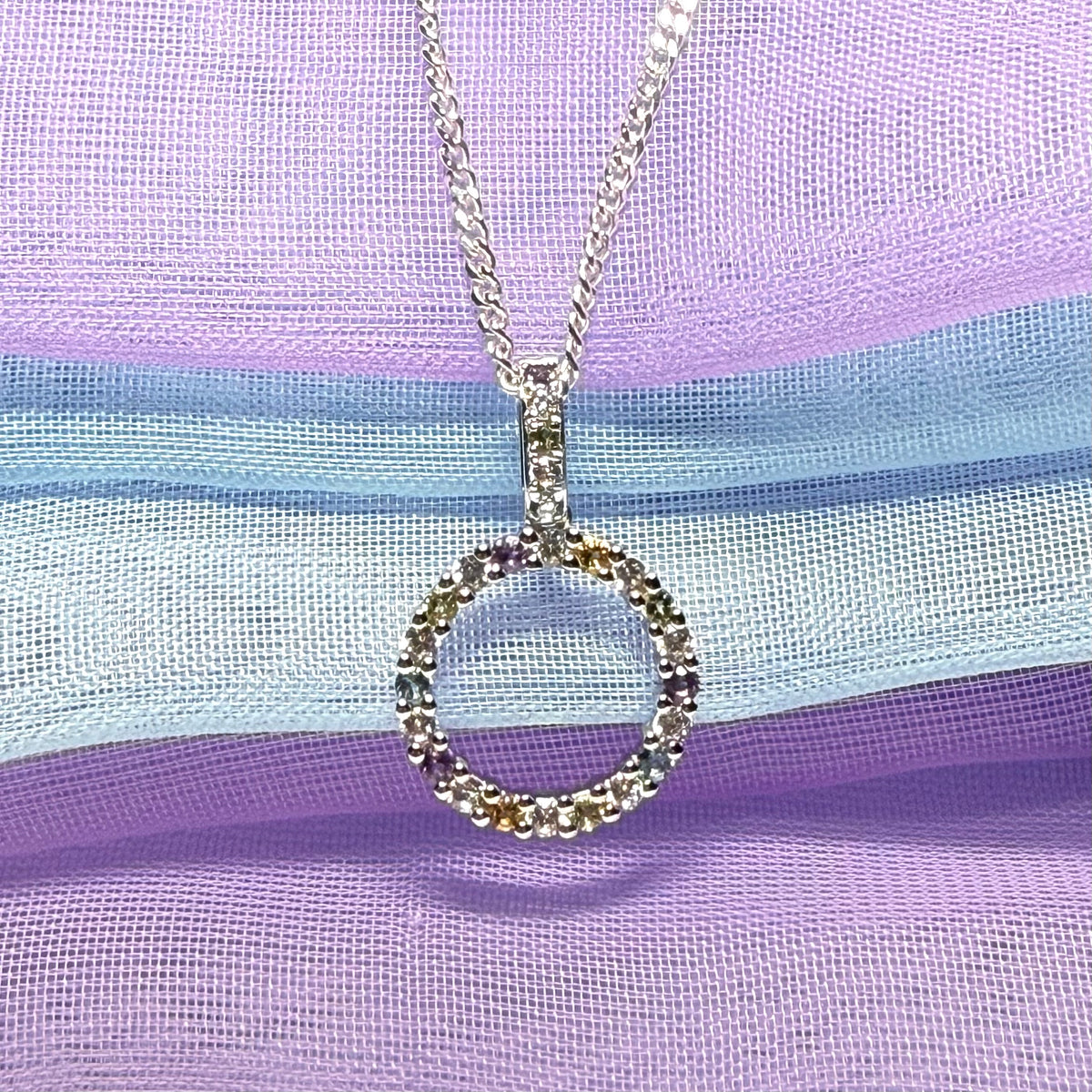 Round circle necklace with real amethyst, real peridot, real blue topaz, real citrine and cubic zirconia