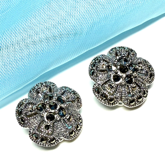 Round clip on earrings with marcasite sterling silver