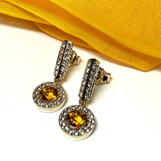 Round cluster round shaped drop earrings with a real citrine stone sterling silver gilt