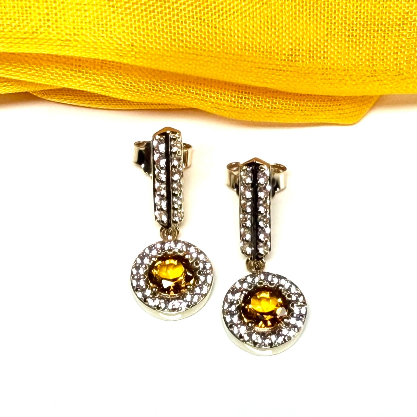 Round cluster round shaped drop earrings with a real citrine stone sterling silver gilt
