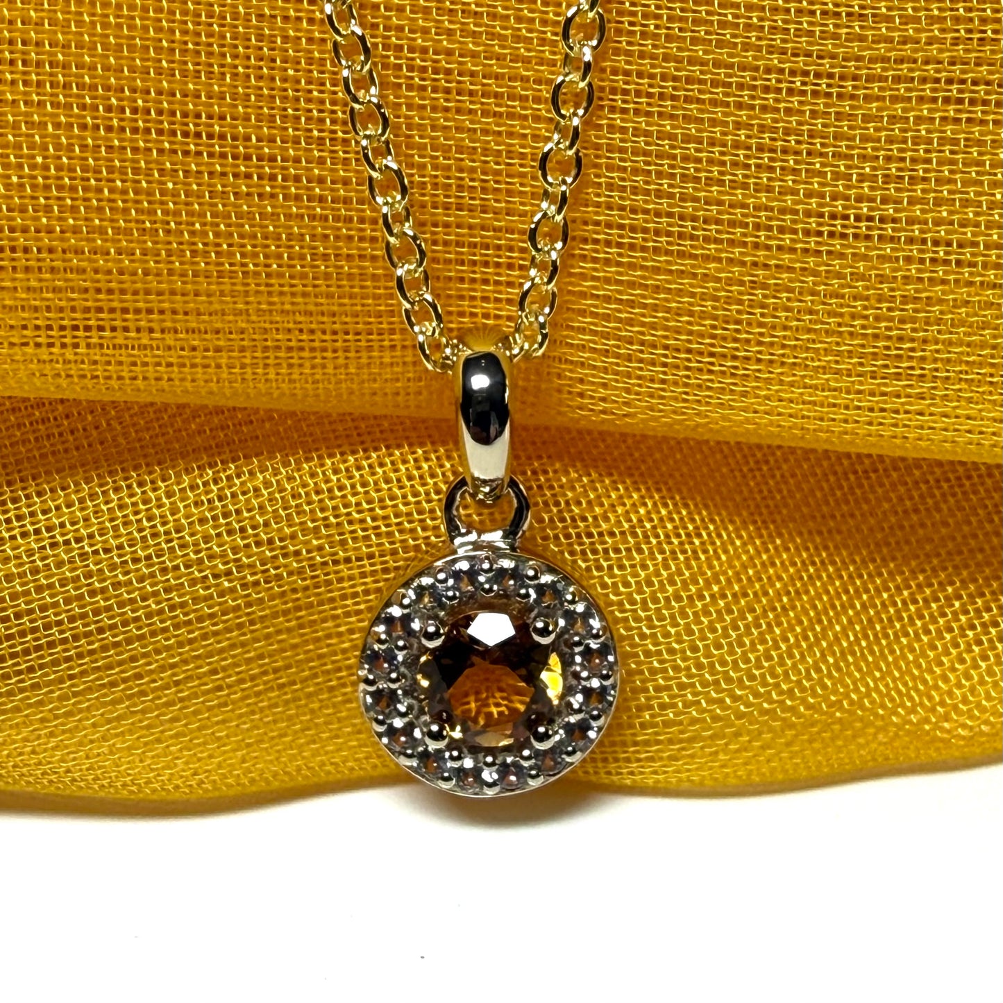 Round cluster shaped necklace set with a real citrine stone sterling silver gilt including chain