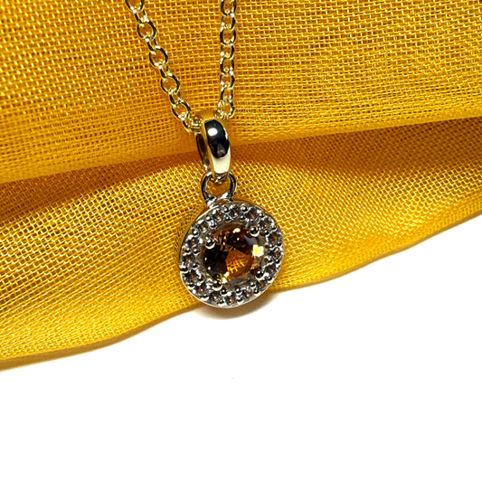 Round cluster shaped necklace set with a real citrine stone sterling silver gilt including chain