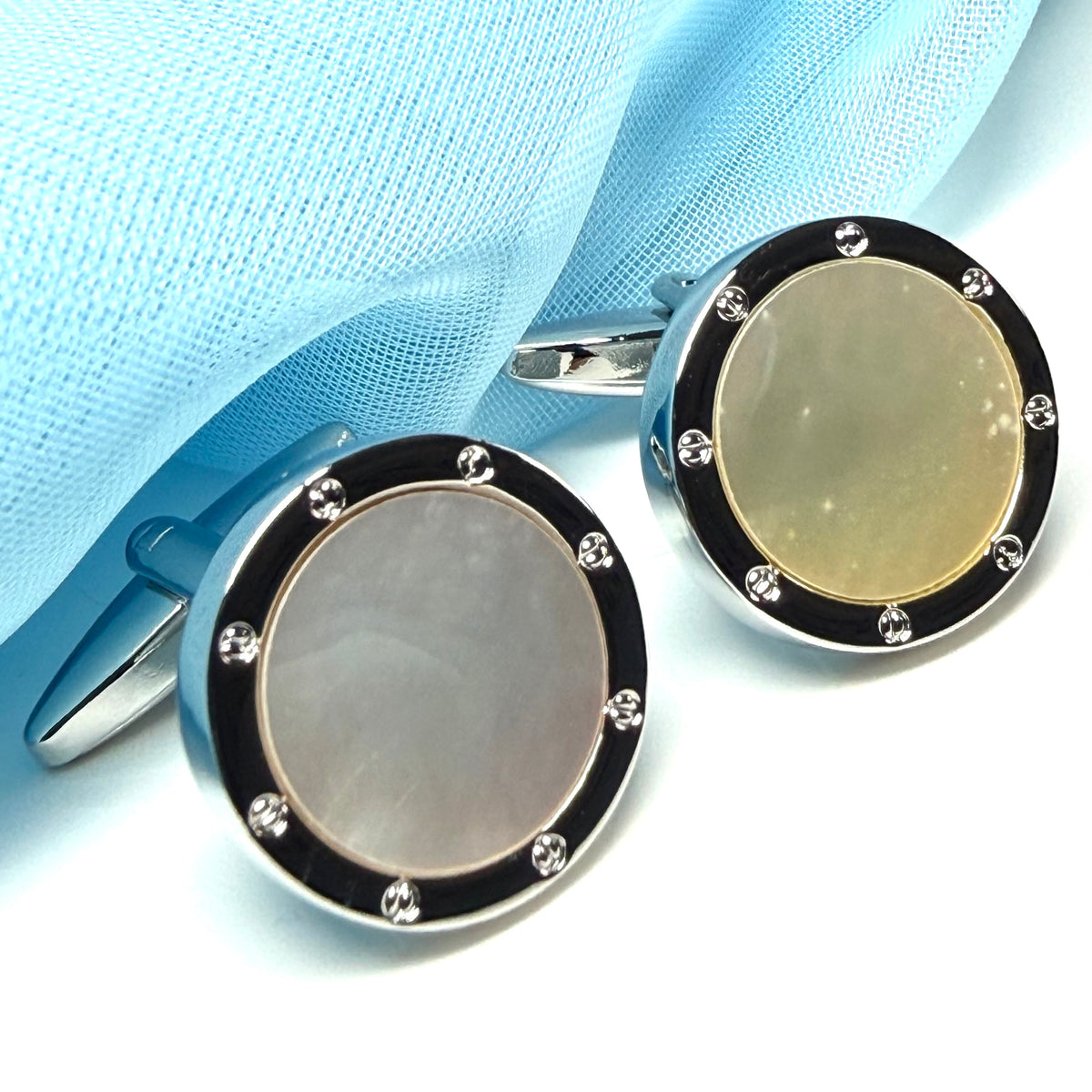Round cufflinks real Mother of Pearl silver plated