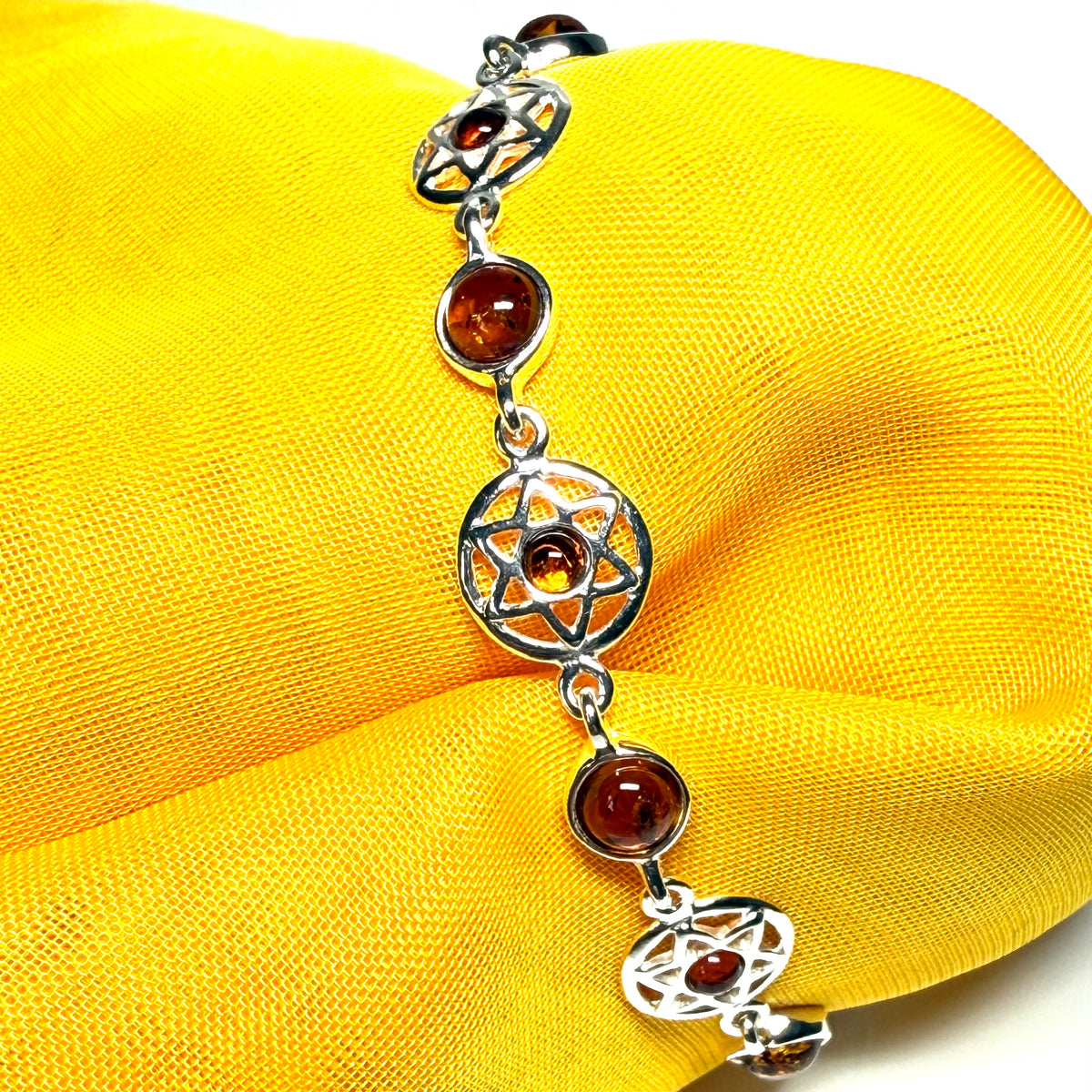Round cut sterling silver real amber bracelet