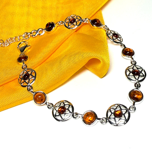 Round cut sterling silver real amber bracelet