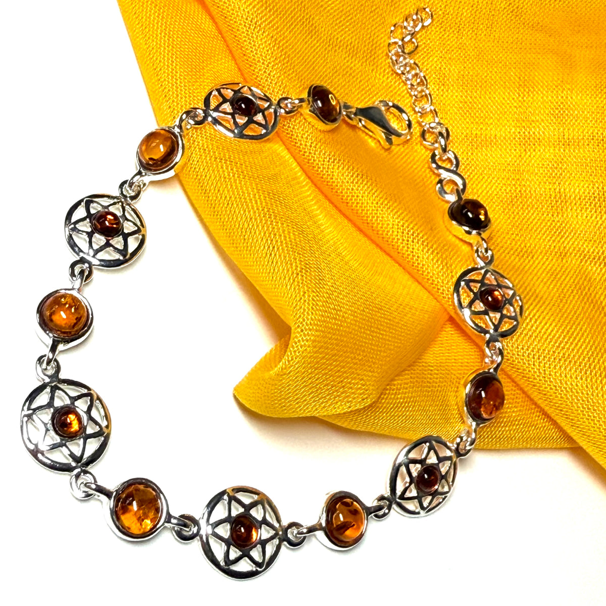 Round cut sterling silver real amber bracelet