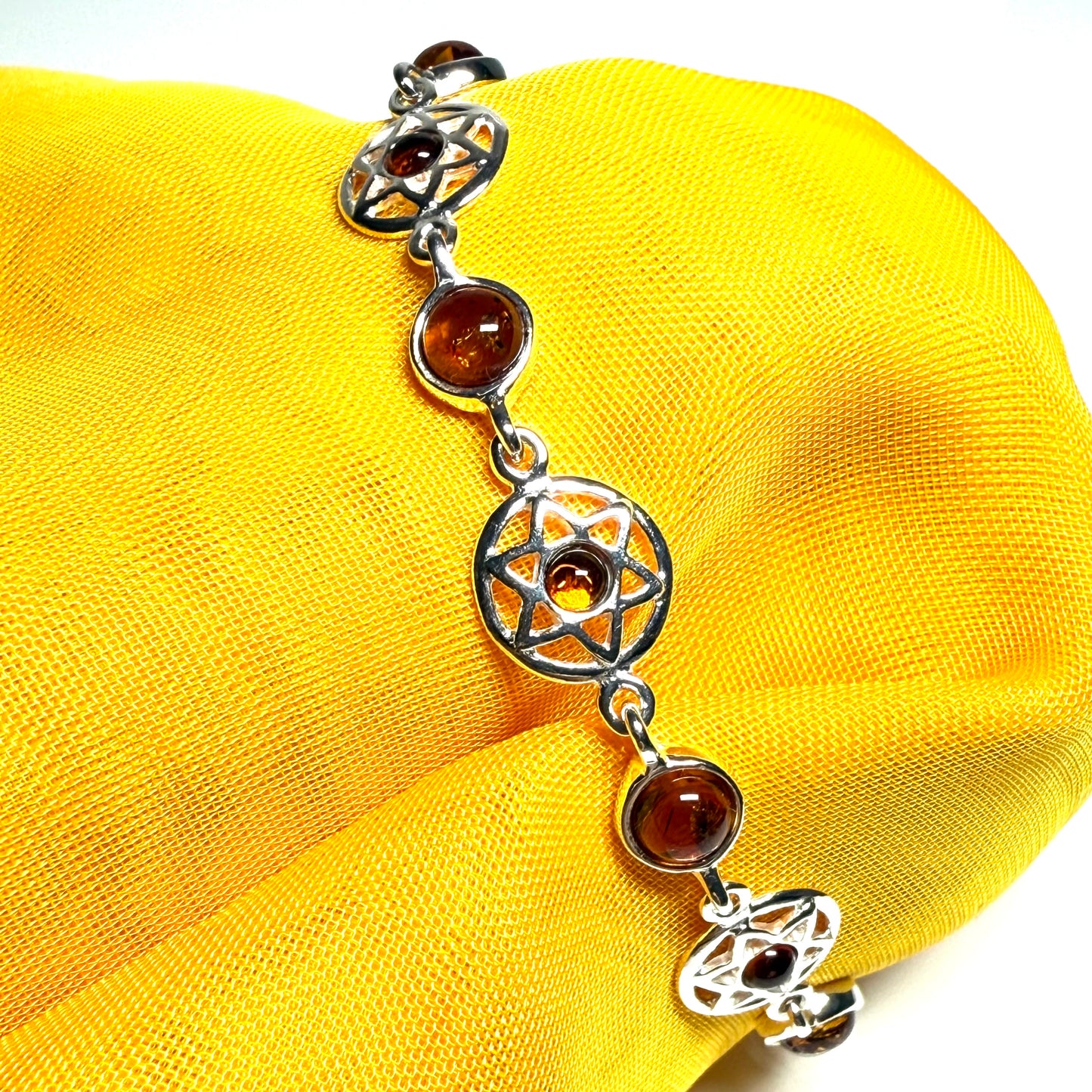 Round cut sterling silver real amber bracelet