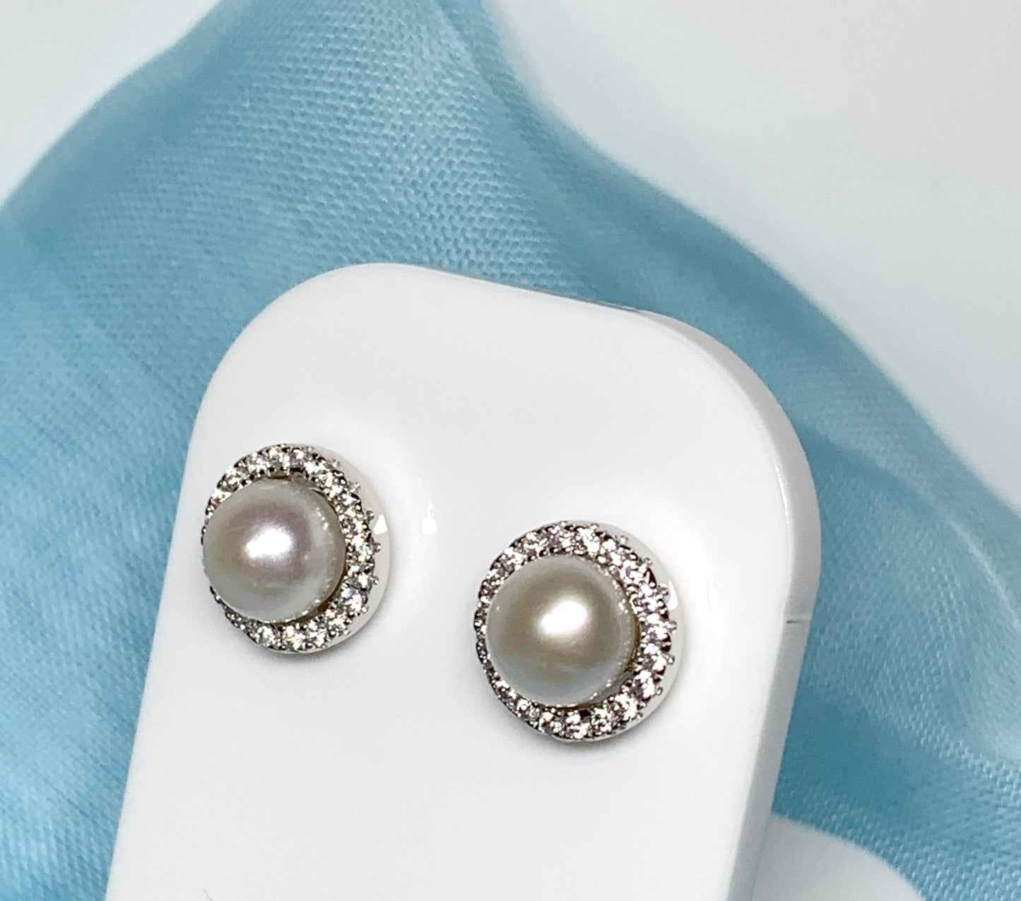 Round freshwater cultured pearl cubic zirconia cluster earrings sterling silver