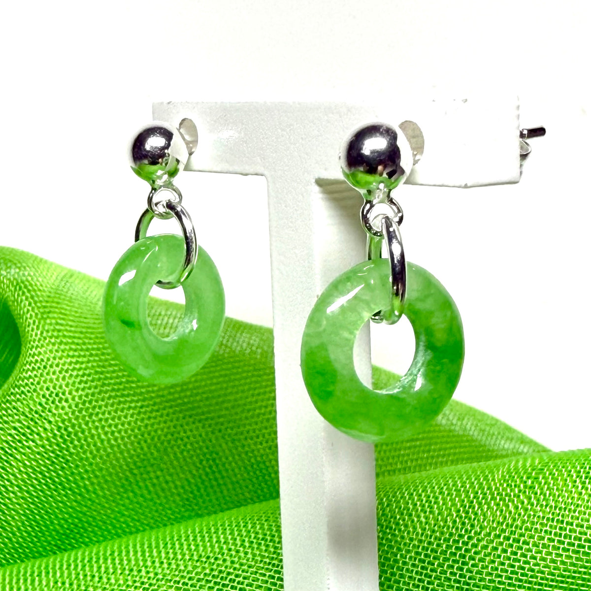 Green real jade sterling silver round drop dangling earrings
