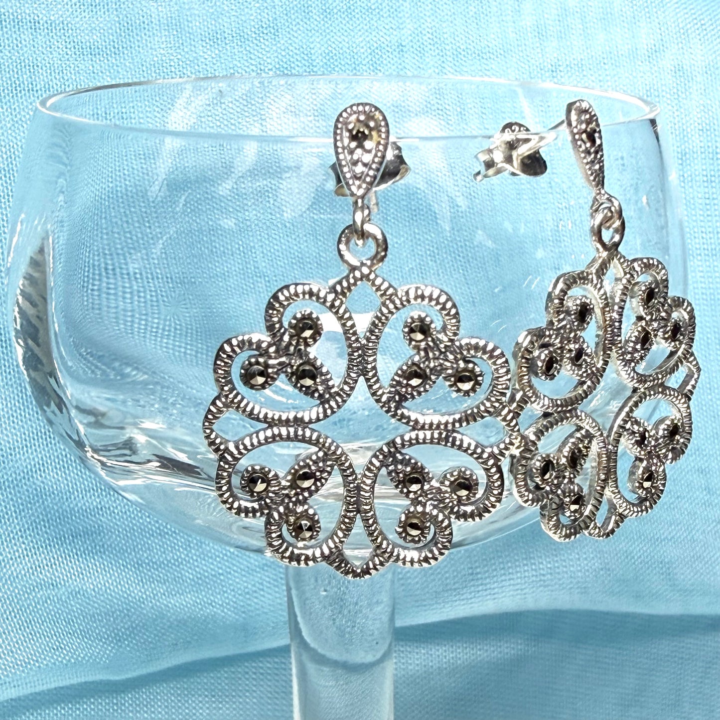 Round marcasite sterling silver round fancy drop earrings