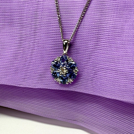 Round necklace real tanzanite and diamond fancy white gold cluster pendant