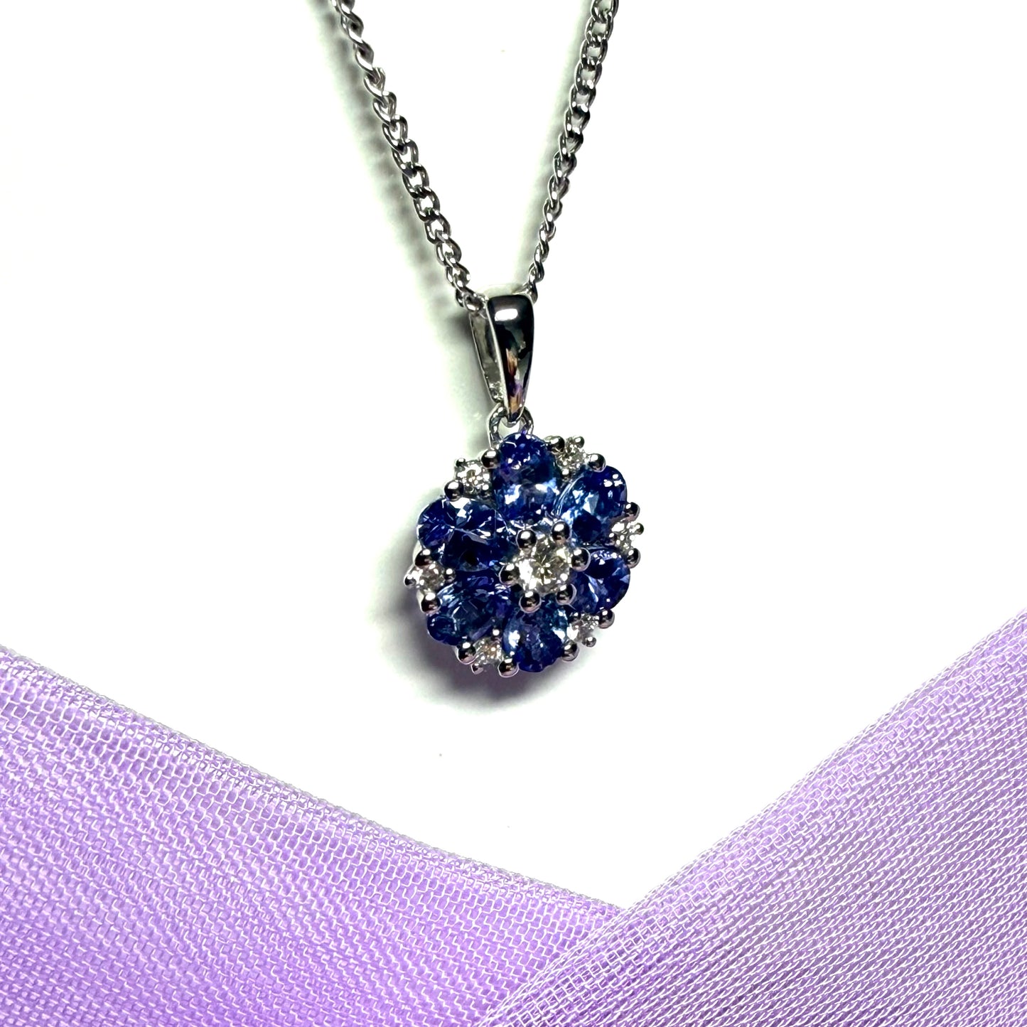 Round necklace real tanzanite and diamond fancy white gold cluster pendant