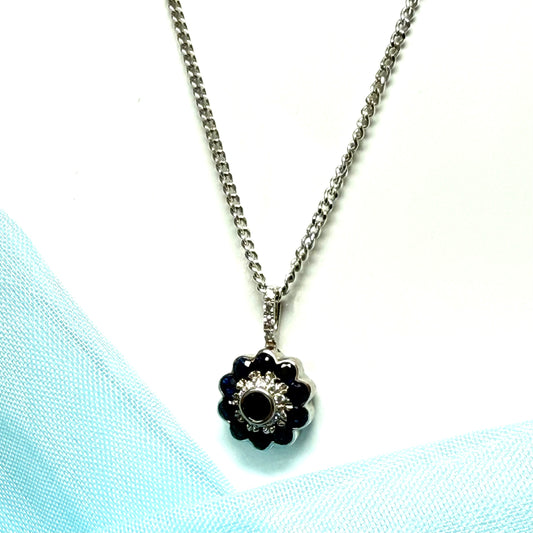 Round real blue sapphire and diamond necklace sterling silver cluster pendant