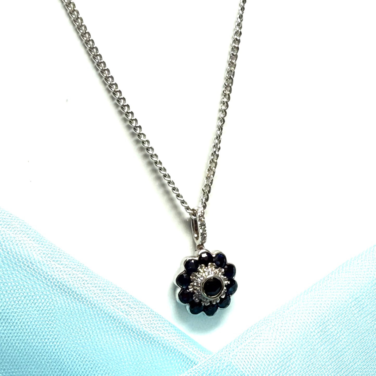 Round real blue sapphire and diamond necklace sterling silver cluster pendant