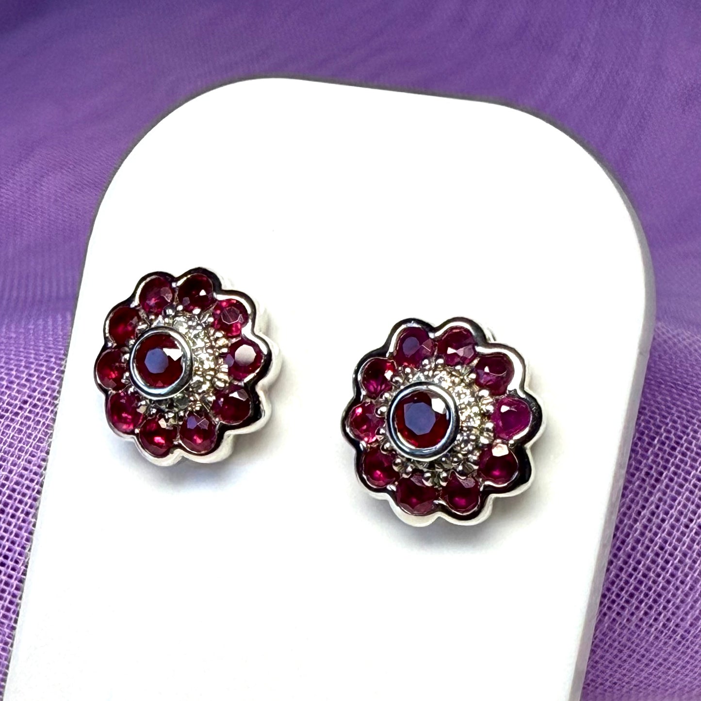 Round real red ruby and diamond earrings sterling silver cluster stud